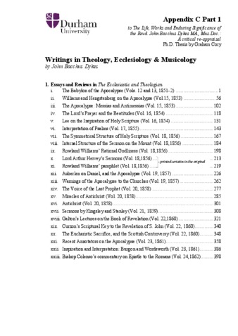Download the full-sized PDF of Writings in theology, ecclesiology and musicology of Rev. John Bacchus Dykes (1823-1876), forming Appendix C part 1 of the thesis "The Life, Works and Enduring Significance of the Rev. John Bacchus Dykes MA., Mus.Doc" by Graham Cory (2016)