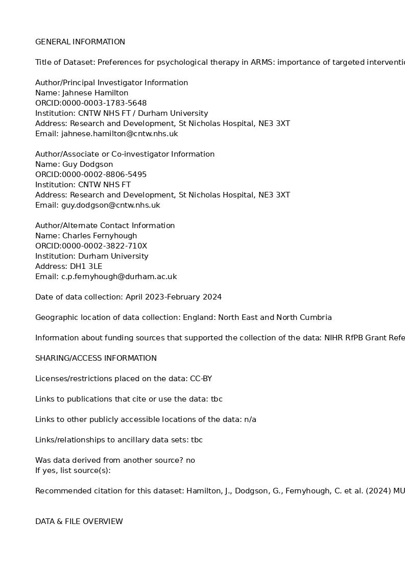 Download the full-sized Document of Preferences for psychological therapy or support within an ARMS psychological therapies trial: the importance of targeted intervention for unusual sensory experiences [dataset]